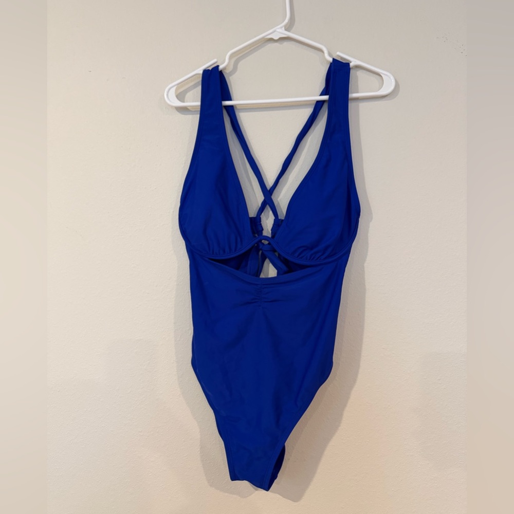 Shade & Shore Royal Blue One‎ Piece Swimsuit Size L Plunge V Cutout Strappy Back